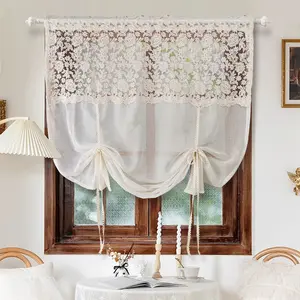 1 PC Romantic Floral Tie Up Curtains for Small Window Elegant Lace Balloon Curtain for Kitchen Bedroom Adjustable Sheer Curtain Valance for Bathroom Rod Pocket