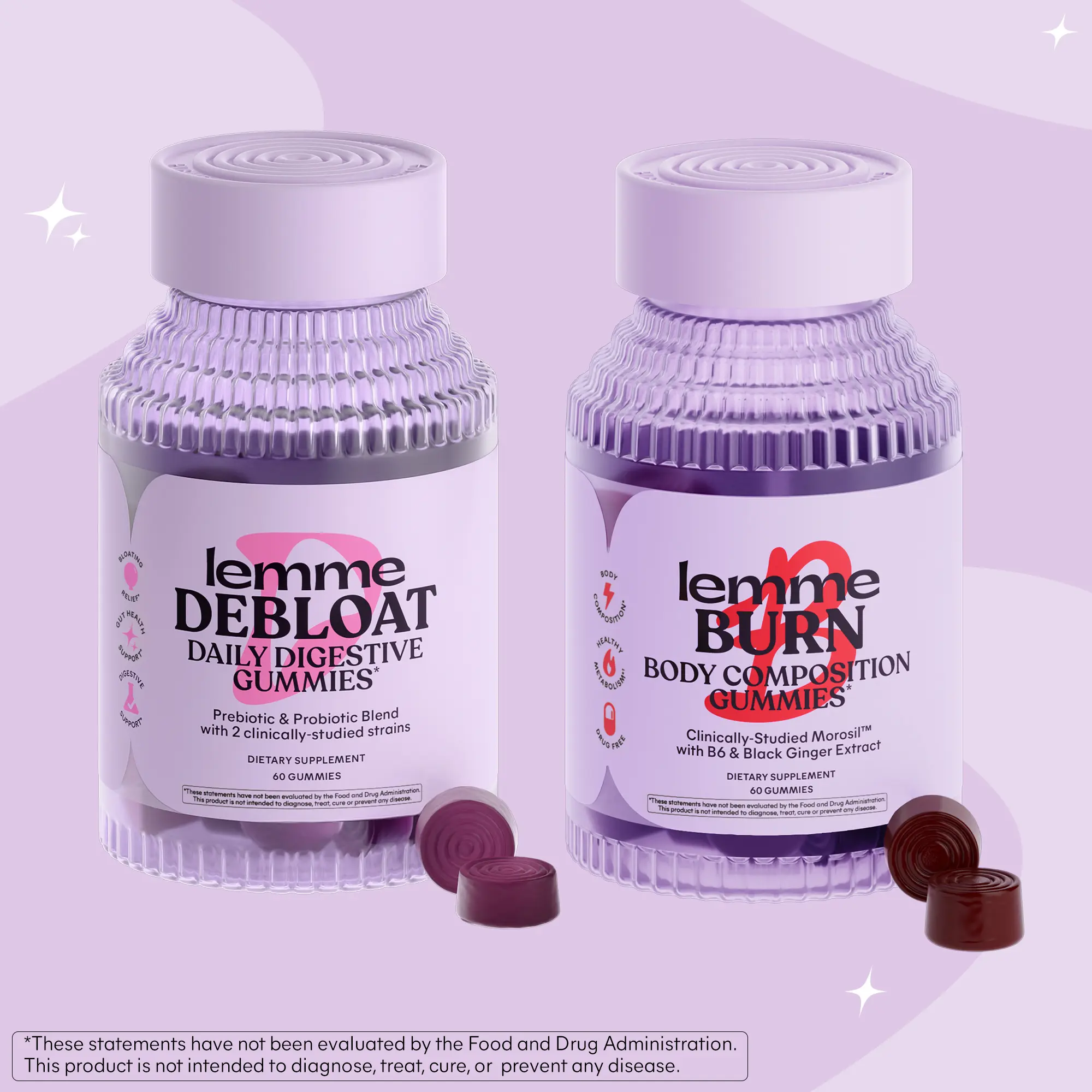 Snatched Stack - Lemme Debloat Gummies & Lemme Burn Gummies, Clinically-studied Morosil, B-Vitamins & Black Ginger for Body Composition Support and Clinically Studied Prpbiotics and Prebiotics for Digestive and Gut Health