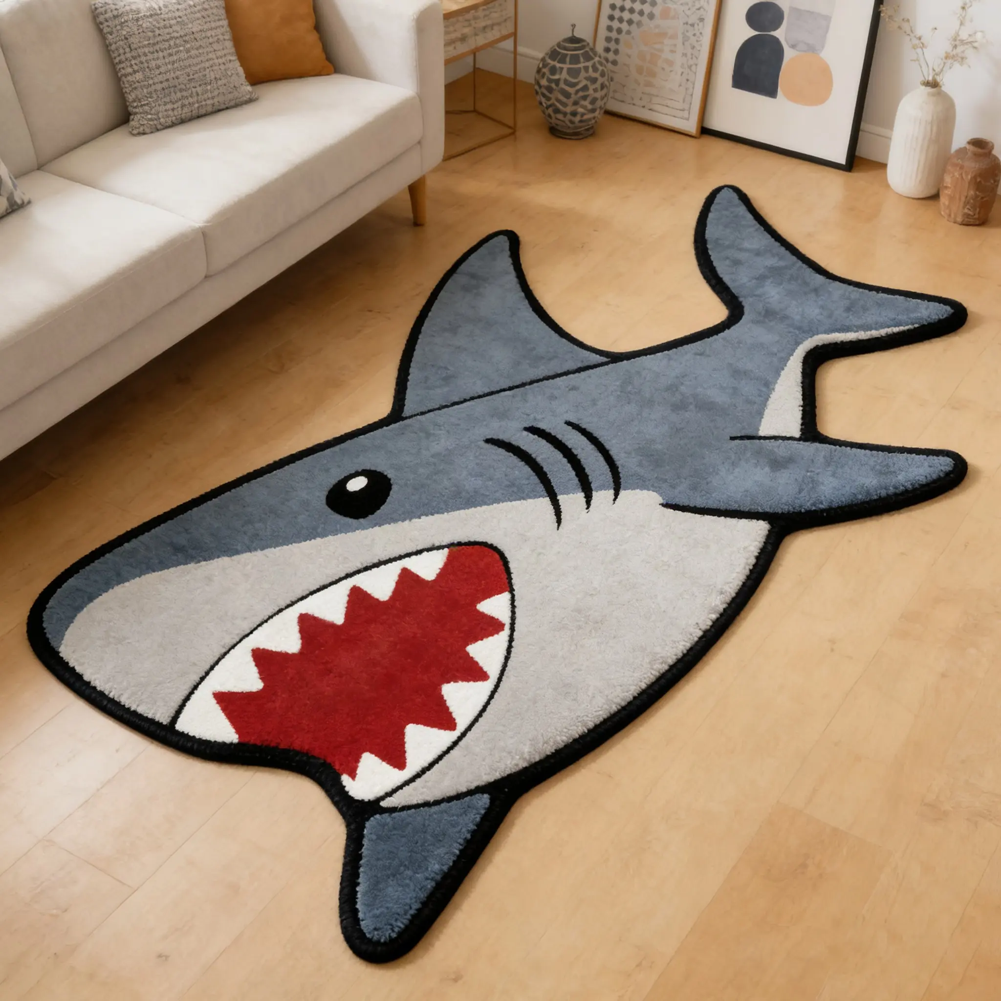 Oceanic Shark Shape Rug, Fun Cartoon Shark Decorative Mat, Decorative Area Rug, Home Decor Rugs, Cartoon Pattern Rug, Comfortable Carpet for Living Room Bedroom Home Decoration