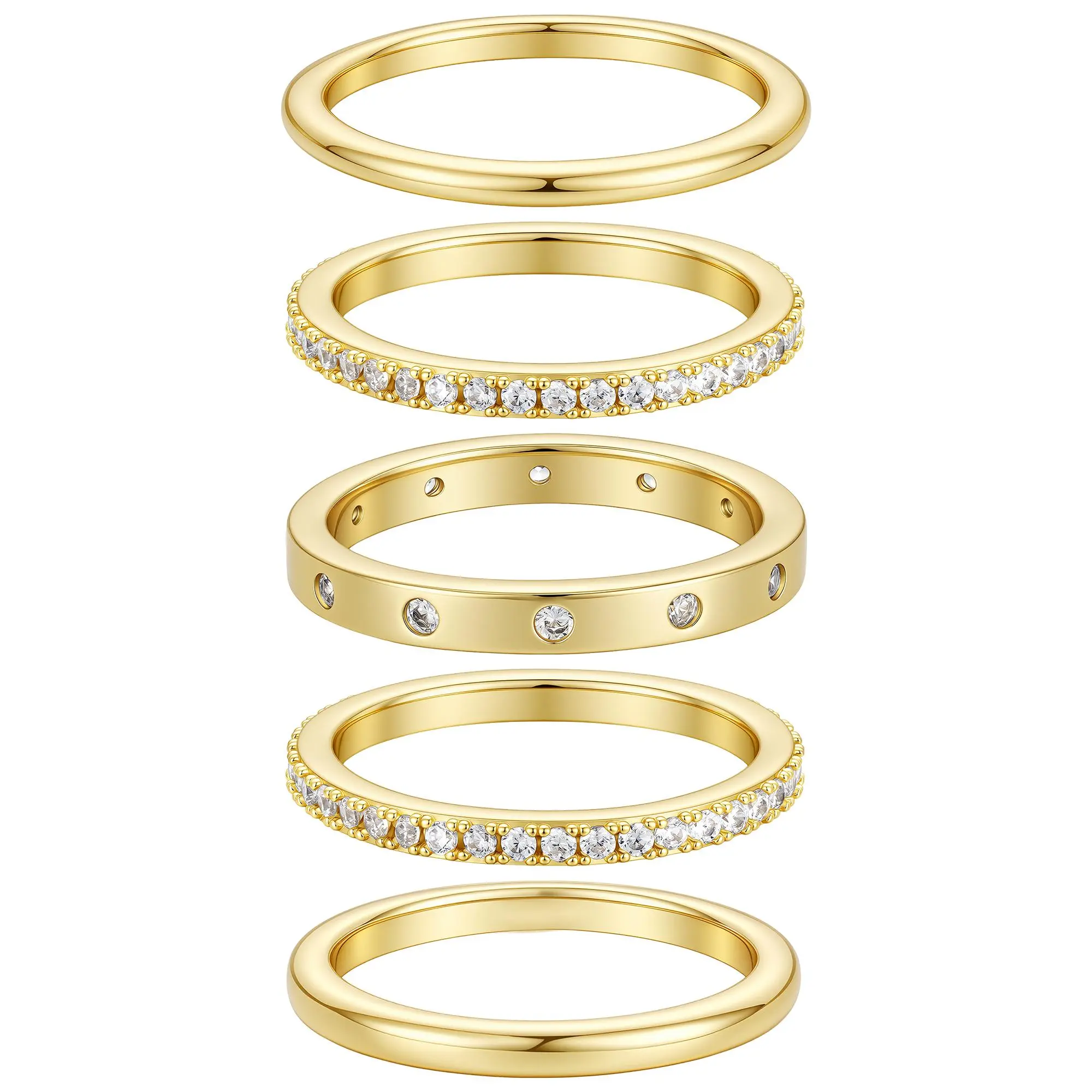 Luvia Jewelry 5Pcs 14K Gold Plated Stacking Rings Set for Women, Dainty Eternity Pave Band Minimalist Plain Knuckle Wedding Rings, Hypoallergenic Luvia Jewelry Accessory, Birthday Gift Ring Size 6 7 8 9