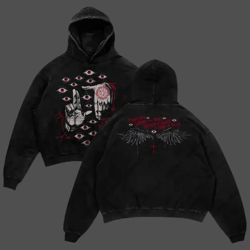 The Wings" Hellsing Retro Vintage Unisex Oversize Acid Washed Heavyweight Cotton Hoodie, Gift For Anime Fan graphic hoodies men clothing streetwear