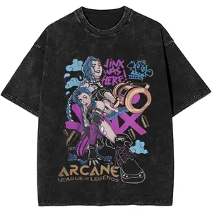 valentine shirts Jinx Arcane Outfit Washed T Shirt for Men Women Streetwear Hip Hop T-Shirt Summer Tees Tops Cotton