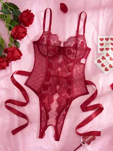 Women's 3-Piece Lingerie Outfits - Classic Vintage Polyester Set, V-Neck Halter Bra, Strappy Sheer Red Floral Embroidery Bodysuit, Garter Belt for Christmas Parties
