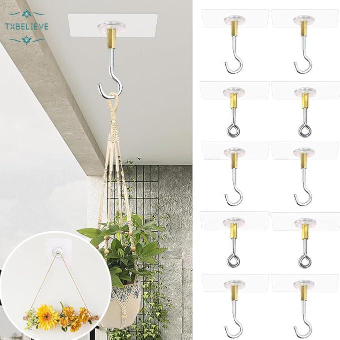 2PCS Self Adhesive Metal Ceiling Hooks Wall Mounted No Punching Plants Flower Pots Lanterns Hanging Holder Home Organizer“Transparent”
