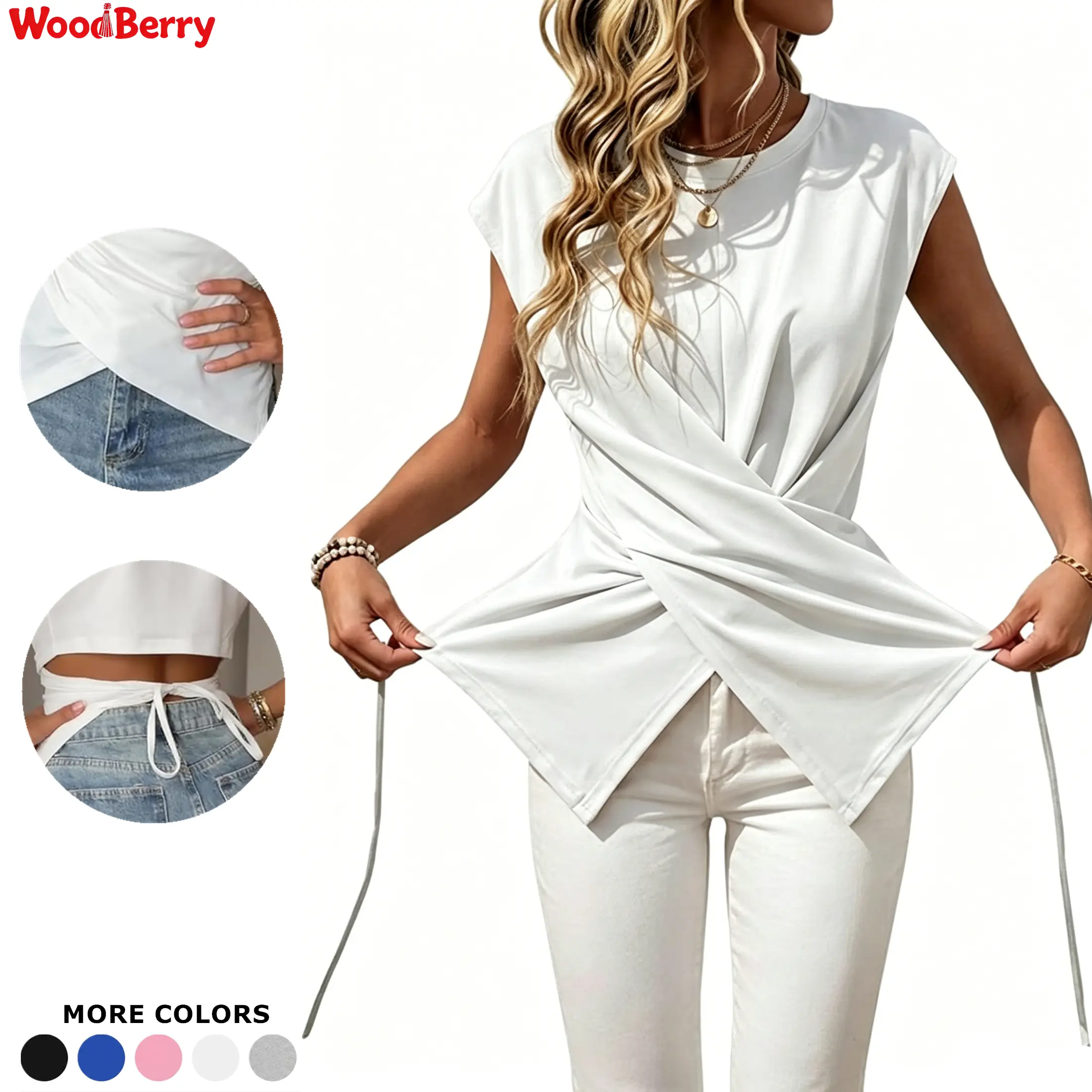 WoodBerry Women's Front Twist Tank Top Y2K Sleeveless Tie Backless Wrapped Slim Fit Irregular Hem T-Shirt Cute Summer Going Out Top