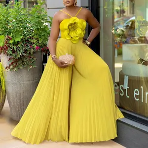 Women's clothing European and American summer neck three-dimensional flower solid color wide-leg large-size fashion jumpsuit