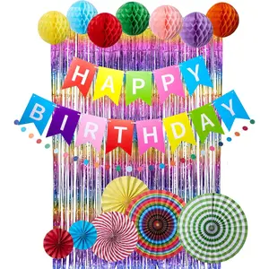 Rainbow Birthday Party Decorations Kit, 16 PCS Colorful Happy Birthday Banner with Foil Fringe Curtain, Paper Fans, Honeycomb Balls and Circle Dots Garland, Photo Backdrop Birthday Party Decor Shower for Girls Boys Women
