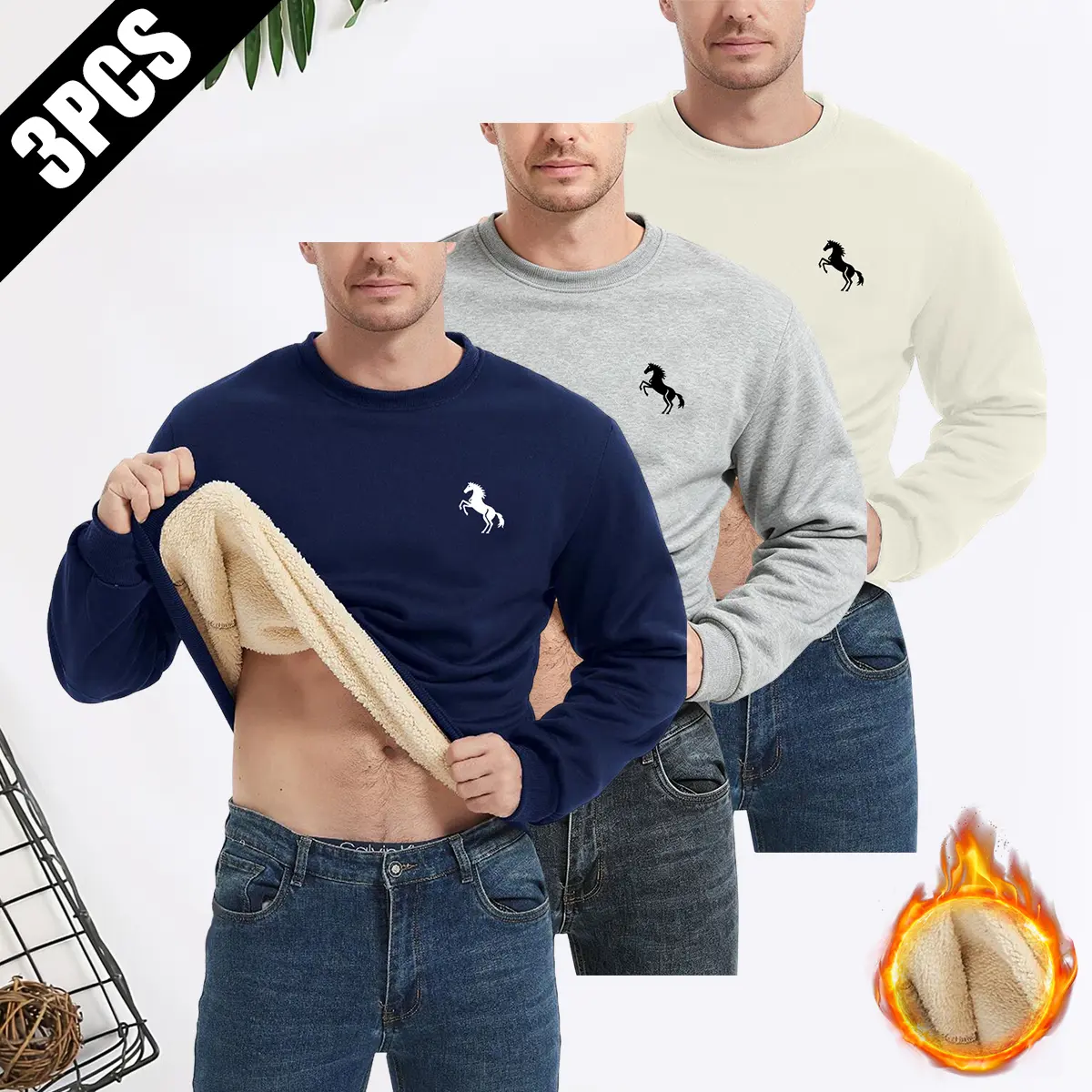 JOGWAVE Menswear 3PCS Men’s Solid Plain Crew Neck Full Sleeves Polyester Fleece Pullover Sweatshirt Tops - Casual, Stylish, Warm, for Autumn Winter, Ideal Gift for Him