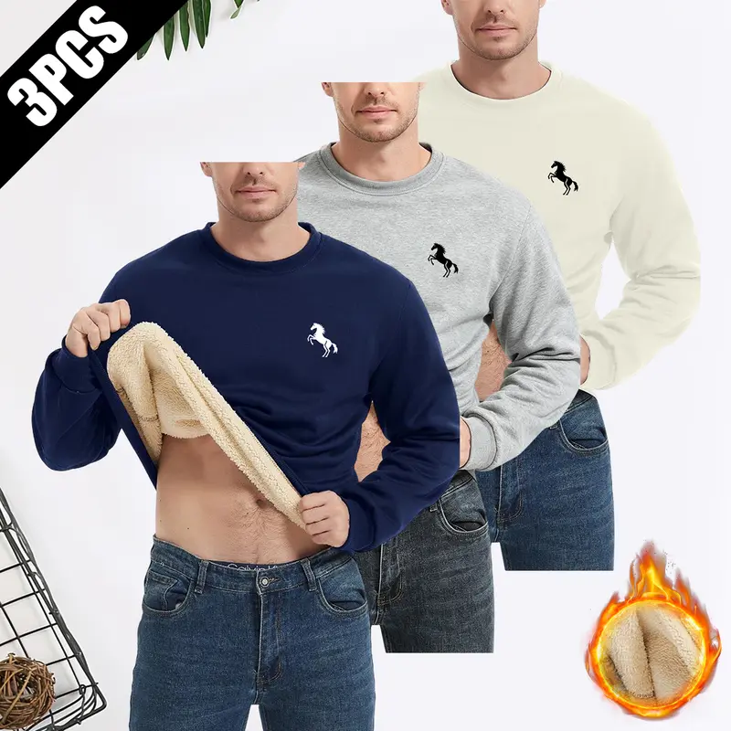 JOGWAVE Menswear 3PCS Men’s Plain Pullover Crewneck Long-Sleeve Fleece Sweatshirt Tops - Casual, Stylish, Warm, Suitable for Autumn, Winter, Great Gift for Him
