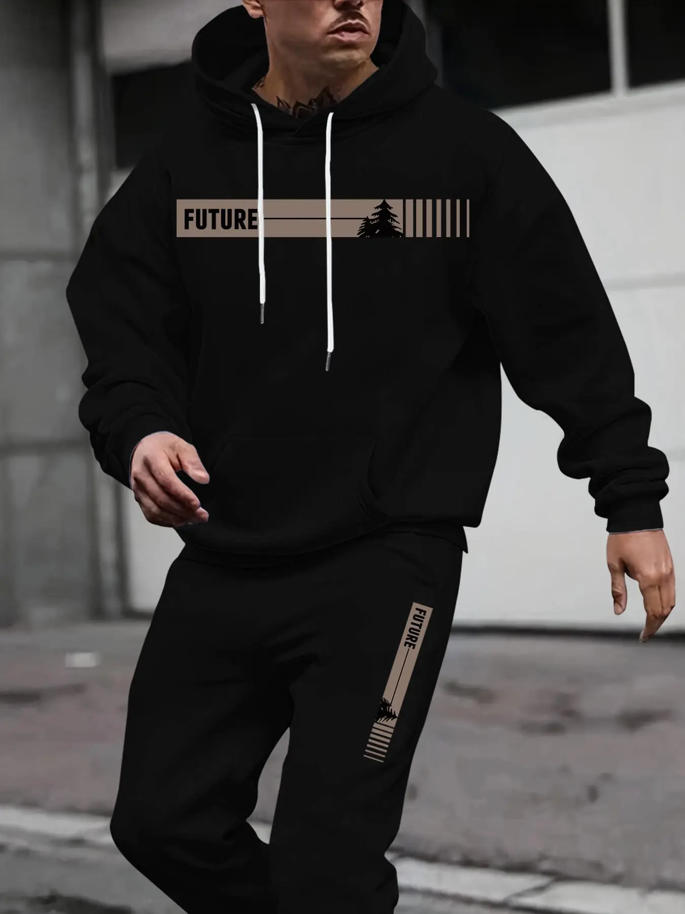 Two-piece Set Men's Tree Graphic Hoodie & Drawstring Waist Sweatpants, Regular Fit Casual Long Sleeve Hooded Sweatshirt & Pocket Jogger Pants for Fall