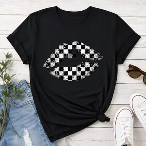 Premium Soft Cotton Unisex Black & White Checkered Lips Crew Neck Graphic Print Tee Summer Wins Birthday Gift Casual Summer Daily Tee summerwins
