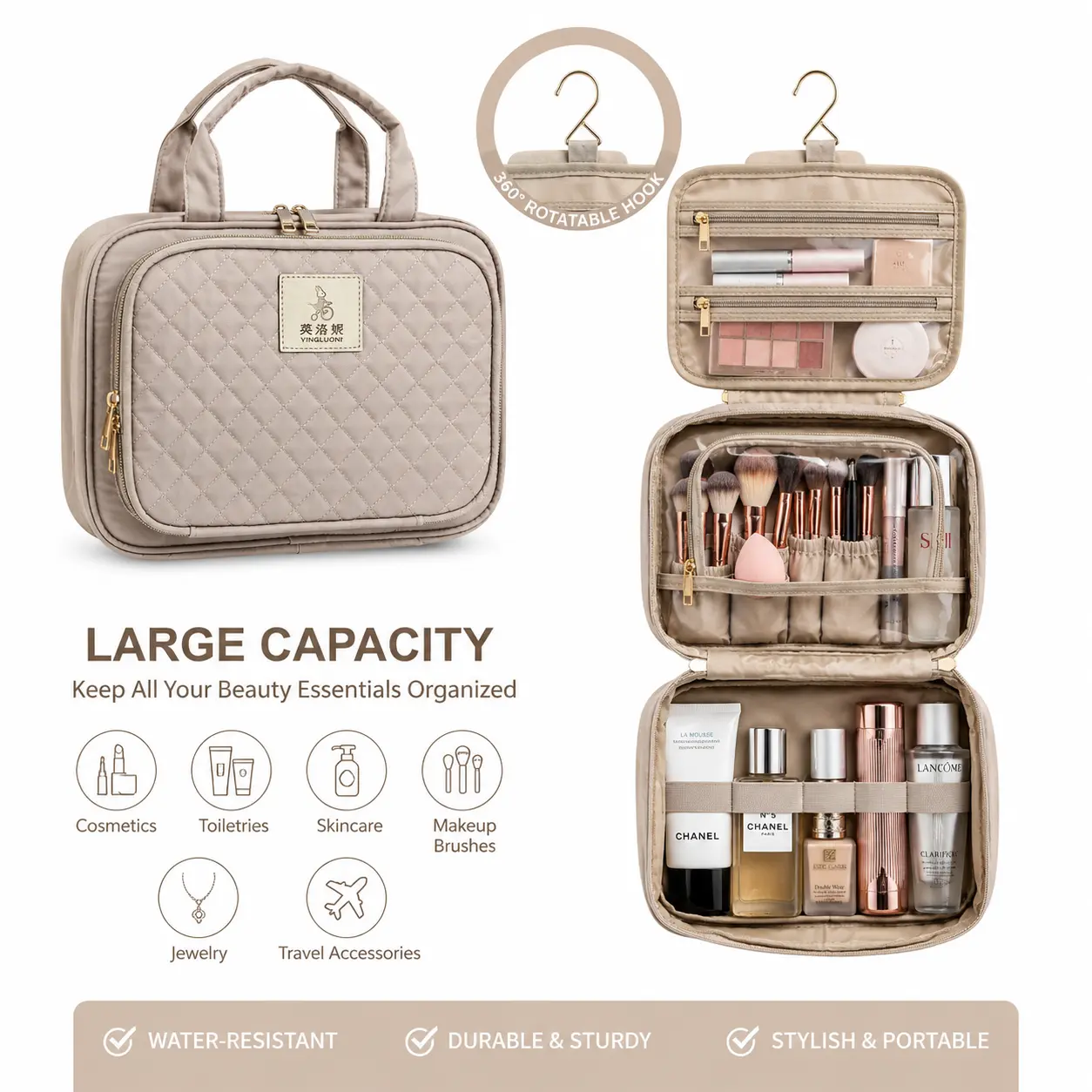 Women's Large-Capacity Hanging Travel Makeup Bag - Waterproof Cosmetic Organizer with 360° Rotatable Hook, Multi Compartments, Large Capacity Bag