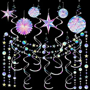 29 Pieces Iridescent Holographic Party Supplies Kit with Hanging Honeycomb Ball Decorative Paper Fan Snowflake Garlands White Star Hanging Swirl Decorations for Birthday Wedding Party Home