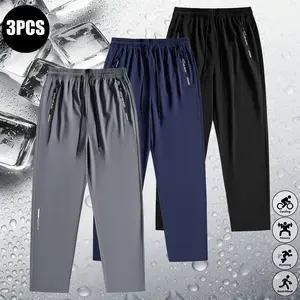 Men’s 3-Pack Summer Solid Color Printed Fashion Sports Pants, Lightweight Breathable Drawstring Zippered Pockets, Suitable for Athletic Wear, Men's Sweatpants Uncuffed, Uncuffed Sweatpants, Solid Print,summervibes