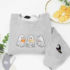 Ghost Bookish Halloween Embroidered Sweatshirt – Cute Halloween Sweatshirt with Witch Hat Sleeve – Ghost Reading & Snacking Sweater – Cozy Fall Gift for Her
