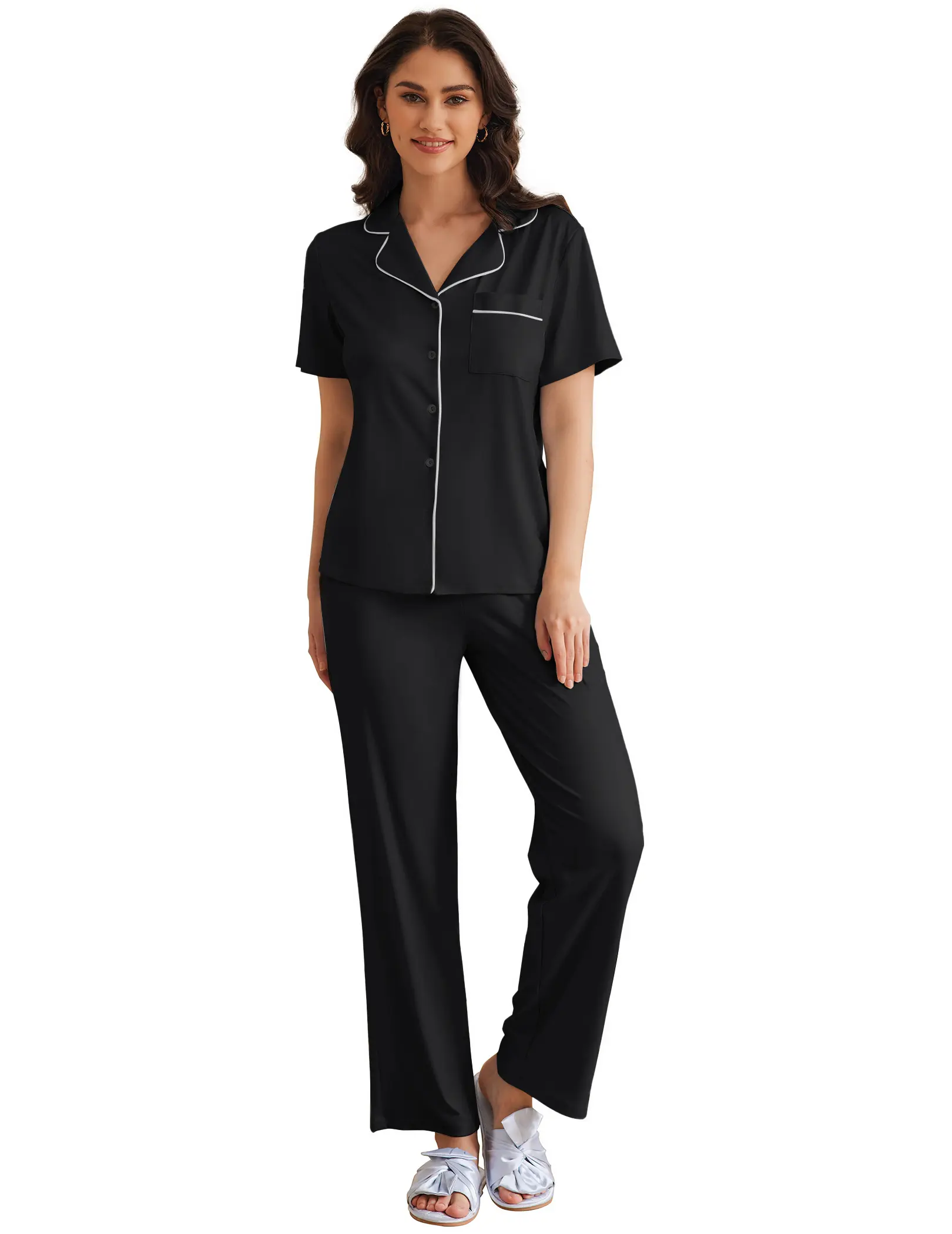 Ekouaer Women's Notch Collar 2-Piece Soft Cotton Pajama Set - Short Sleeve Button-Down Top & Long Pants for Lady, Nursing, Party, Anniversary Lounging; Ideal for Daughter, Nightwear, Fabric, Contrast Piping, Button Front