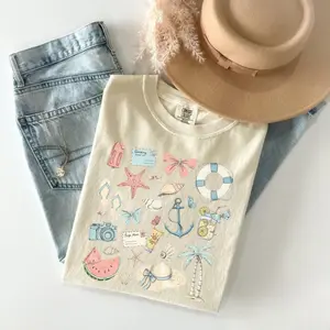 Comfort Colors Vintage Coastal Coquette T-shirt, Summer Vibes T-shirt, Beach Seashell T-shirt, Retro Sumer Vacation Tee, Girls Trip