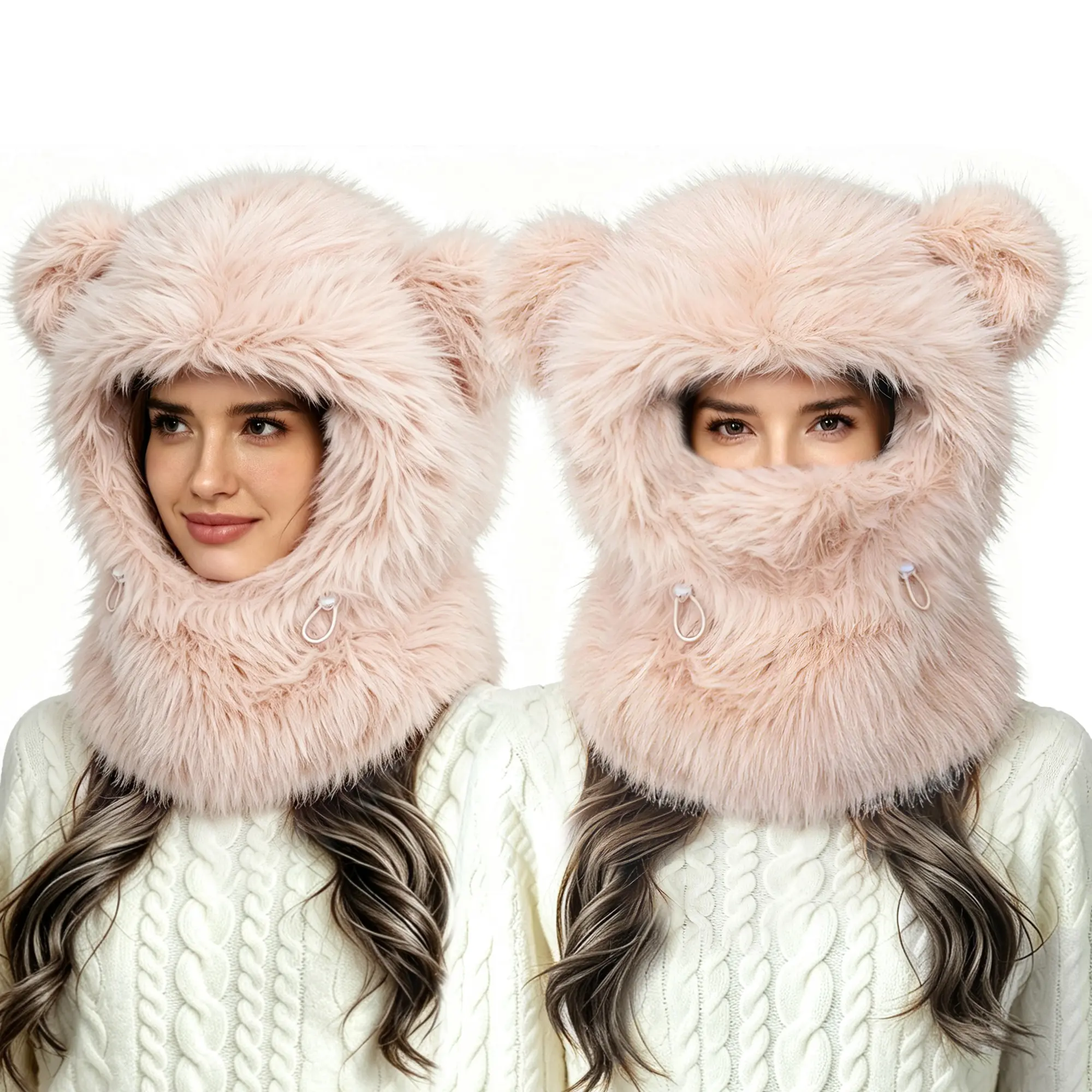 SeSe Code Cute Bear Ear Fuzzy Balaclava Hat, Women Fluffy Plush Integrated Neck Warmer Winter Windproof Warm Hooded Scarf