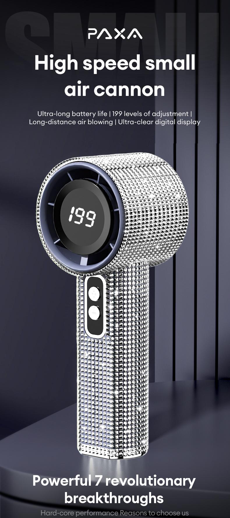 PAXA M15 Full Diamond Luxury Craftsmanship Portable Handheld Fan, 3 Gear Wind, Rechargeable Long Battery Life Hand Fan With Digital Display For Outdoor Activities, Travel, Office, Wonmen's gift