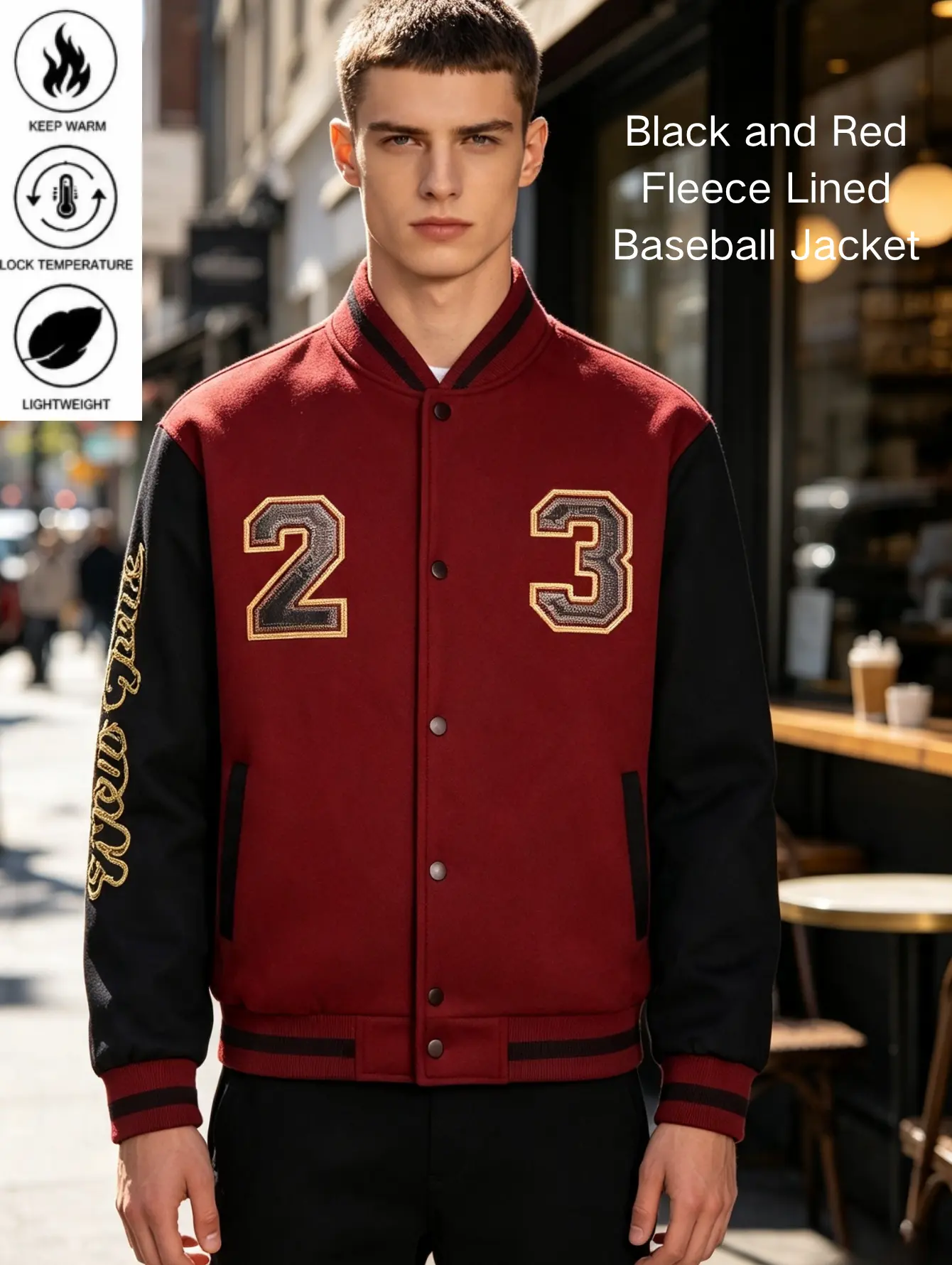 Men’s color-block baseball jacket in black/red (two-tone options), classic ribbed crew neck, front snap closure, raglan long sleeves, 3D number fabric patch paired with embroidered sleeve motifs, side stitched pockets, slim fit cropped length with a waist