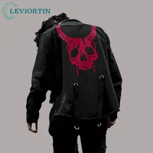 Harajuku Gothic Demon Hunter Skull Black Denim Jacket Men Rock Punk Heavy Metal Sweatshirt Sweatshirt Suspenders Hole Streetwear Clothing Hoodie