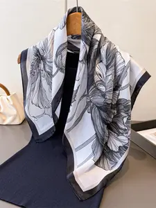 Spring Summer Two-Season Printed High-Quality Silk Scarf, Faux Silk Square Shawl, Versatile Neck Wrap, Women's Elegant Headscarf