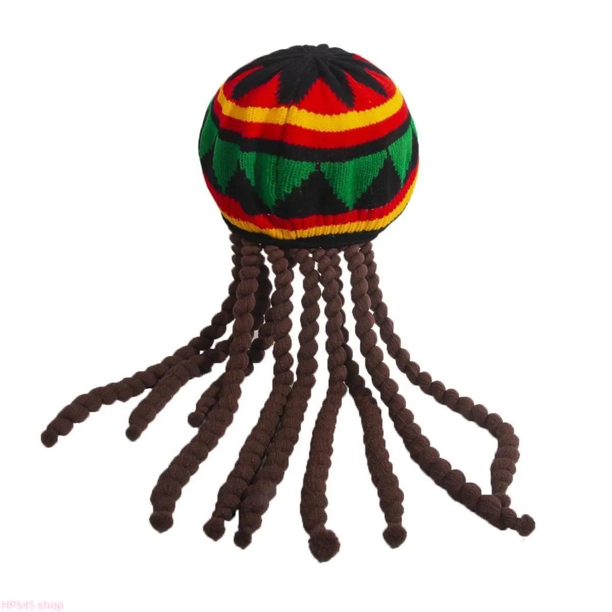 Reggae Style Jamaican Dreadlocks Knit Beret, Colorful Rainbow Braided Wool Wig Hat, Boho Festival Costume Accessory, Unisex Knitted Headwear For Men Women Halloween Party And Music Festival Outfits