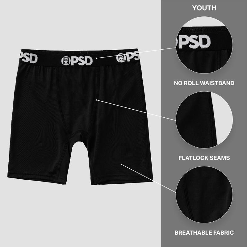 PSD Youth Boy's Black Solids Boxer Brief 3 Pack - Soft, Breathable and Stretch Comfortable Underwear