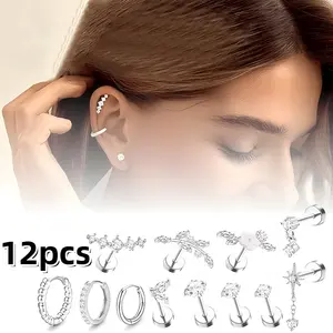 Set of 12 Stainless Steel Cartilage Earrings for Women - Hypoallergenic Flat Back Studs, Punk Hip-Hop Jewelry for Helix Tragus Piercing,Festive Casual Attire,Flat Back Earrings,Halloween