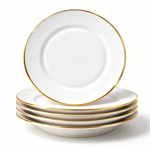 5pcs 10 Inch Opal Glass Gold Rim Dinner Plate Luxury Elegant Round Serving Plate Premium White Dinnerware Salad Steak Pasta Plate Gold Trim Tableware Set for Home Kitchen Party Wedding Restaurant