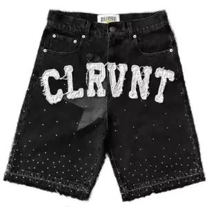 2025 Summer Embroidered Patchwork Hip Hop Denim Shorts- Jean Pants Menswear Man Trouser Personalized Black Tropical