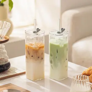 8 Piece 500ml Clear Square Glass Cups Set Lids Straight Straws Brushes Included Large Capacity Eco Friendly Drinkware Home Office Daily Drinking Quality Choice For Juice Smoothie