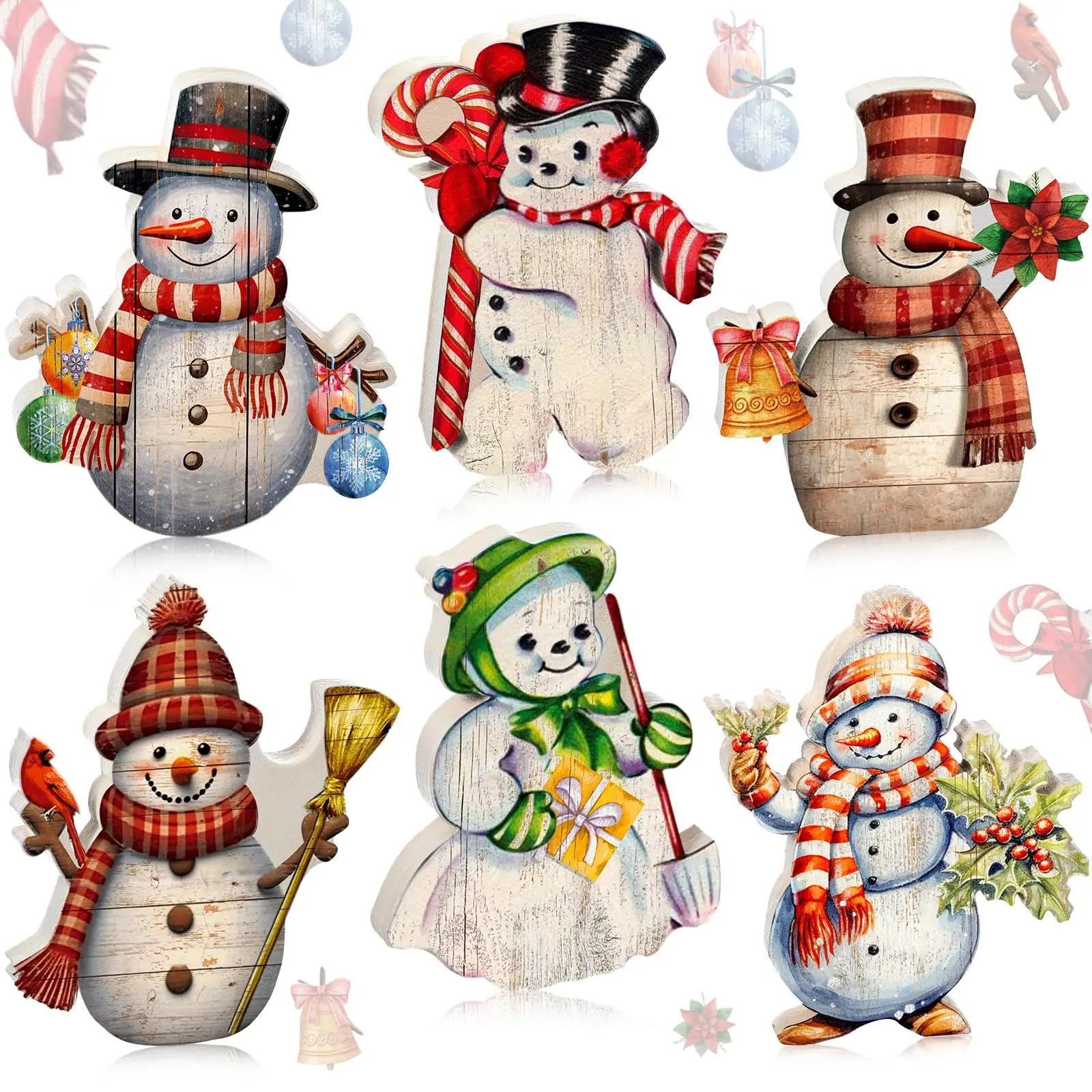 6-Piece Vintage Christmas Rustic Wood Snowman Set, Christmas Vintage Home Decor, Tiered Tray Centerpiece, Block Sign, Festive Gift for Office Mantel Desktop Display