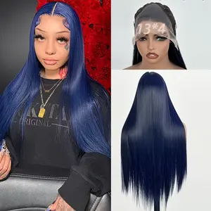 Midnight Blue Lace Front Wig Long Straight 13x4  Pre Plucked Glueless Wear & Go Blue Wig for Women, HD Transparent Lace Natural Hairline Synthetic Wig for Daily Party Cosplay