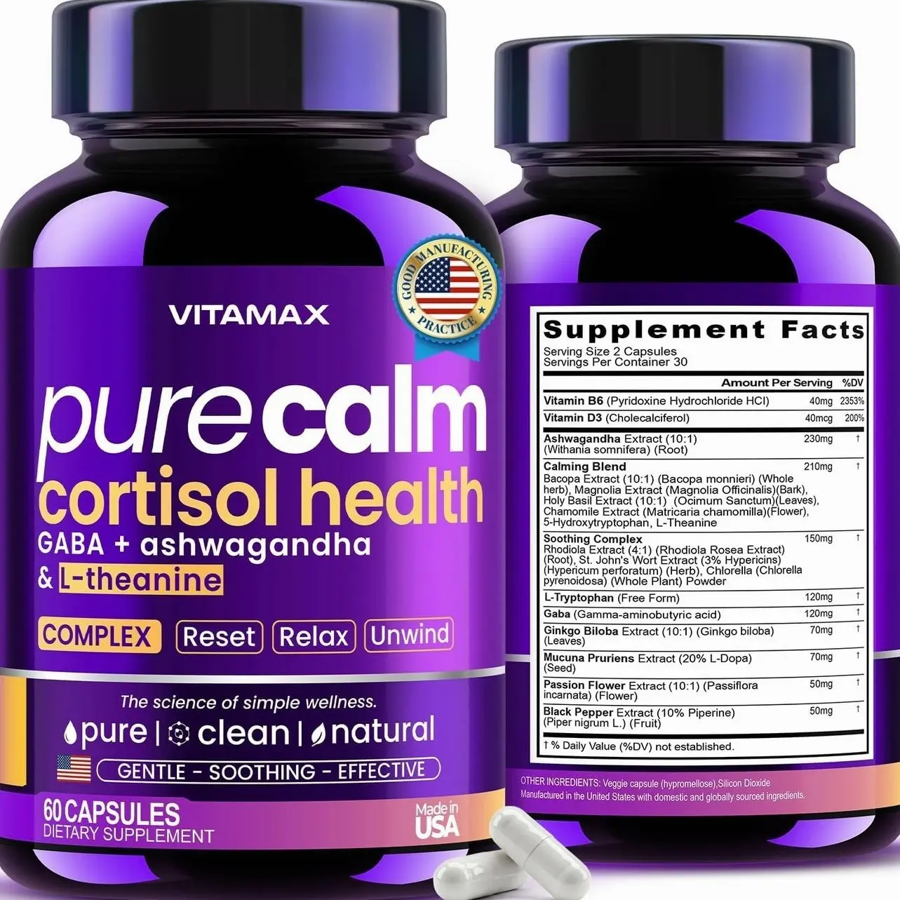 Vitamax Pure Calm Cortisol Supplements for Women - L Theanine, Ashwagandha, GABA for Relaxation, Mood & Stress Support with Ginkgo Biloba, Bacopa Monnieri, 5-HTP – Non-GMO, Made in USA – 60ct