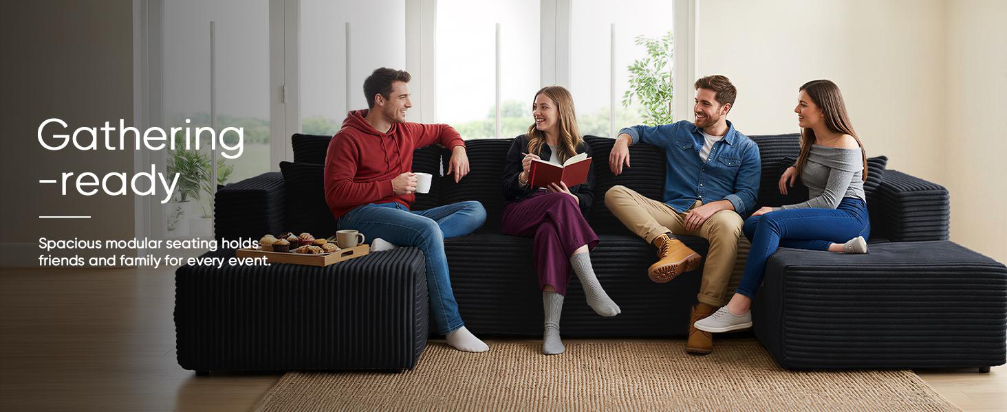 【2 Packages Shipping】MODMOOD 133" Plush Corduroy Cloud Velvet Modular Boneless Couch with Chaise & Ottoman, No Assembly Required - L/U-Shaped Sectional Sofa Set with Flexible Configuration - 133"W x 61.2"D x 25.59"H, convertible