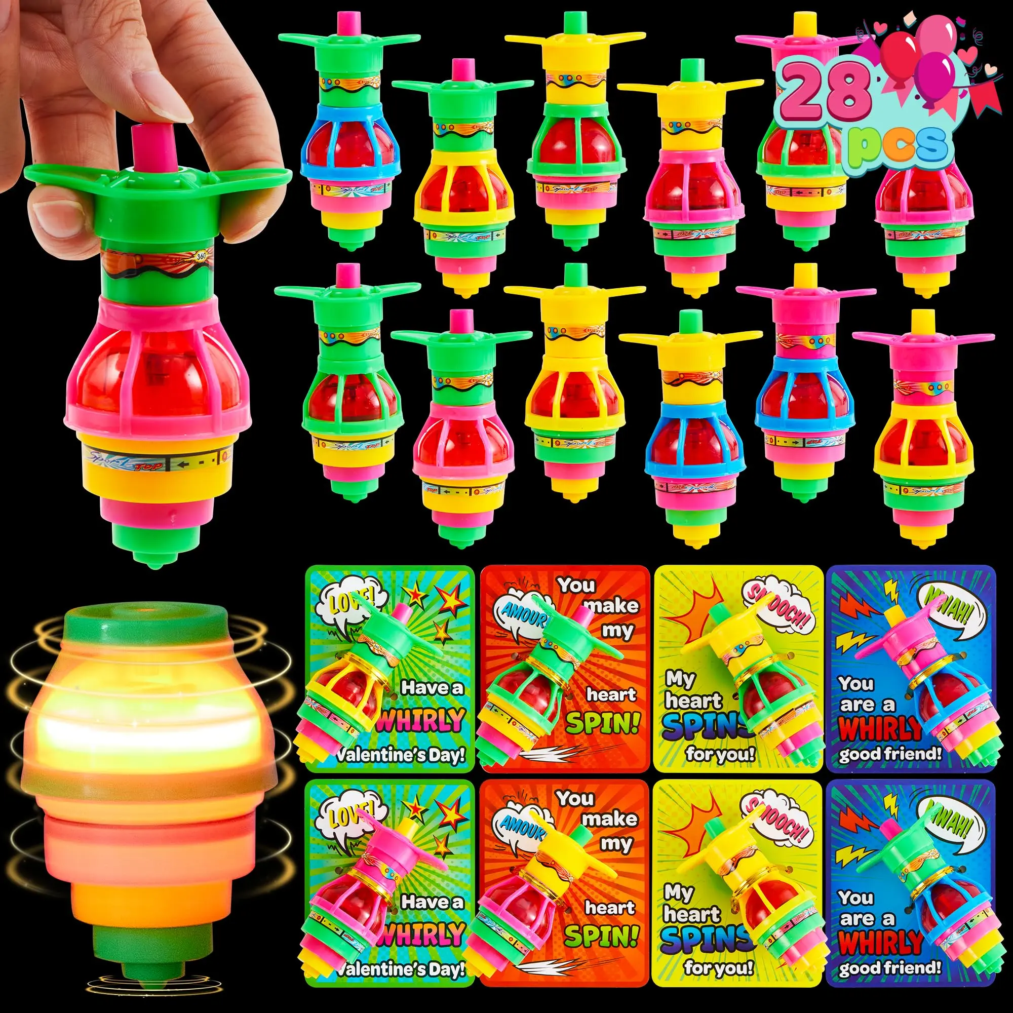 JOYIN 28 Packs Valentine's Day Upgraded version Gift Cards with Light-Up Spinning Tops LED UFO Gyroscope Flashing Lights for Party Favors Classroom Exchange Prizes Kids School Toys &28 Packs Infinity Cube with Cards Gifts