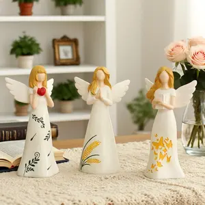 Beige angel ornaments and statues, 3 pieces per set of Guardian resin angel statues, holding hearts, suitable for living room home decoration gifts or accessories