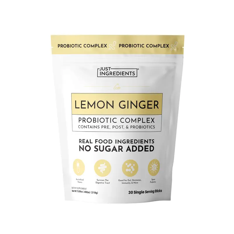 Just Ingredients 3‑in‑1 Probiotic Complex - 30 Single Serving Sticks - Gut, Immune & Digestive Support - Prebiotics, Probiotics & Postbiotics - Powder Drink - Made with Real Food Ingredients