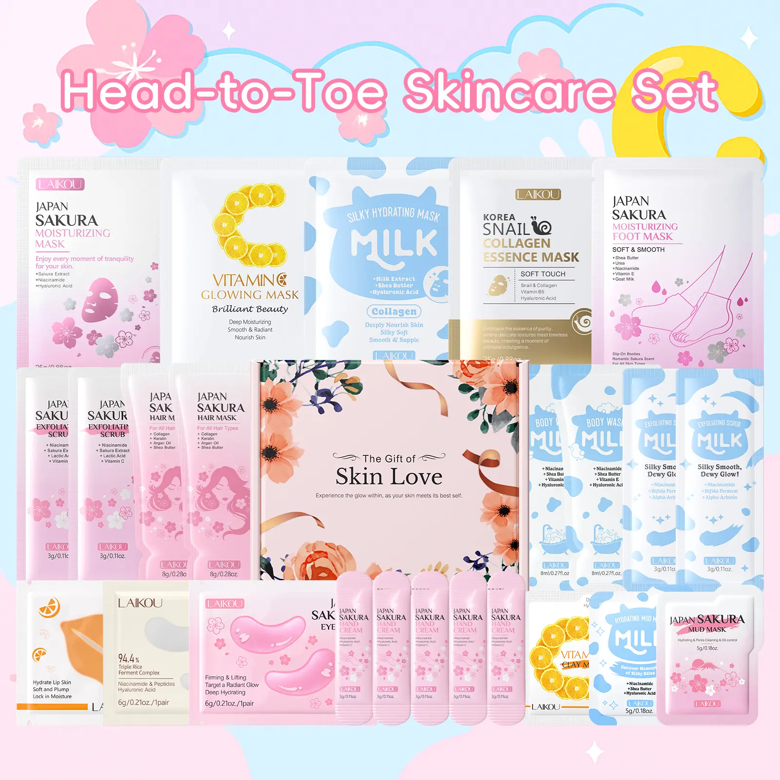 Birthday Gift Skincare Set, LAIKOU Sakura/Milk/Vitamin C/Rice Skincare Set, Eye Mask, Lip Mask, Facial Sheet Mask, Gentle Cleansing Mud Mask, Body Wash, Hair Conditioner, Foot Mask, Softening Scrub, Cleansing Pads, Holiday Gifts for Mothers, Friends