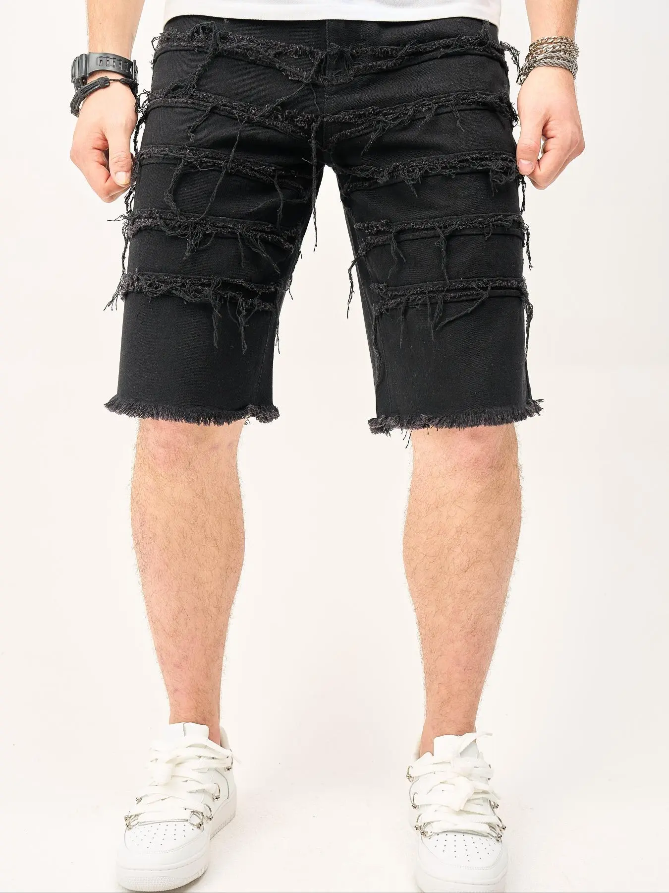 【Plus Size】 Men's Solid Ripped Denim Shorts, Casual Comfy Denim Shorts for Daily Wear, Men's Bottoms for All Seasons, Everyday Shorts, Cutoff Shorts