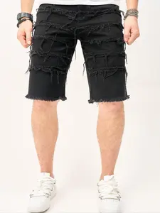 【Plus Size】 Men's Solid Ripped Denim Shorts, Casual Comfy Denim Shorts for Daily Wear, Men's Bottoms for All Seasons, Cotton