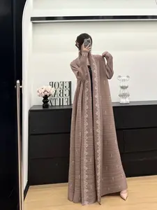 Women's Printed Islamic Abaya Dress, Ruched Design, Detachable Waistband, Front Split, Butt Coverage, Slim Fit, Loose Style, All Seasons