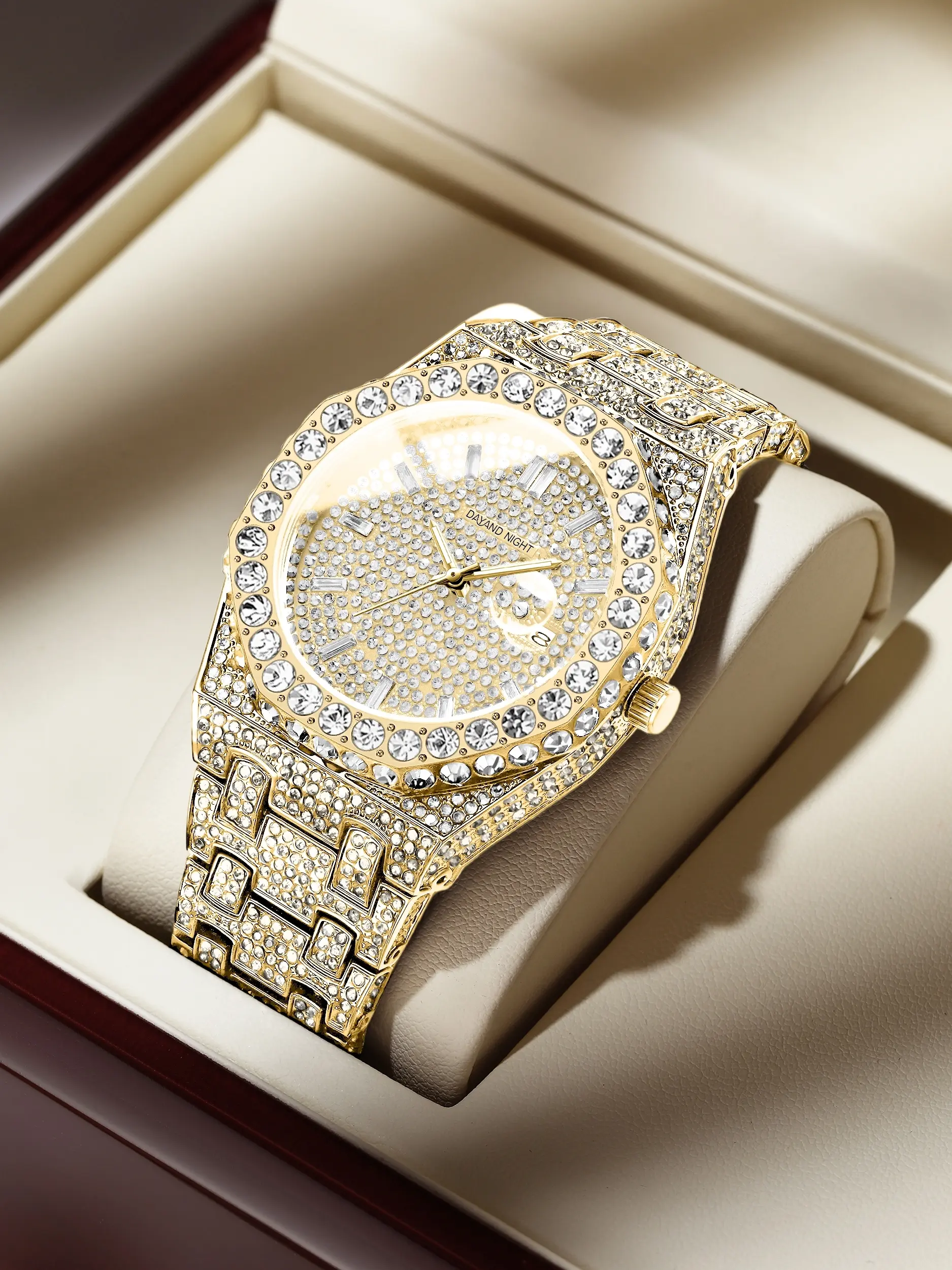 Dayand Night Men's 42mm Round Face Luxury Moissanite Quartz Watch - Full Diamond Dial, Water-Resistant, Business-Casual Timepiece, Ideal for Daily/Business Wear, Valentine's Day Gift, Diamond-Embellished, Shiny, Masculine, Diamond-Embellished Quartz Watch