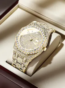 Moissanite Men's High-End Quartz Watch Luxurious Full Diamond Dial Waterproof Wristwatch Trendy Fashion Business Casual Versatile Timepiece Ideal for Business Daily Wear Valentine's Day & Anniversary Gifts