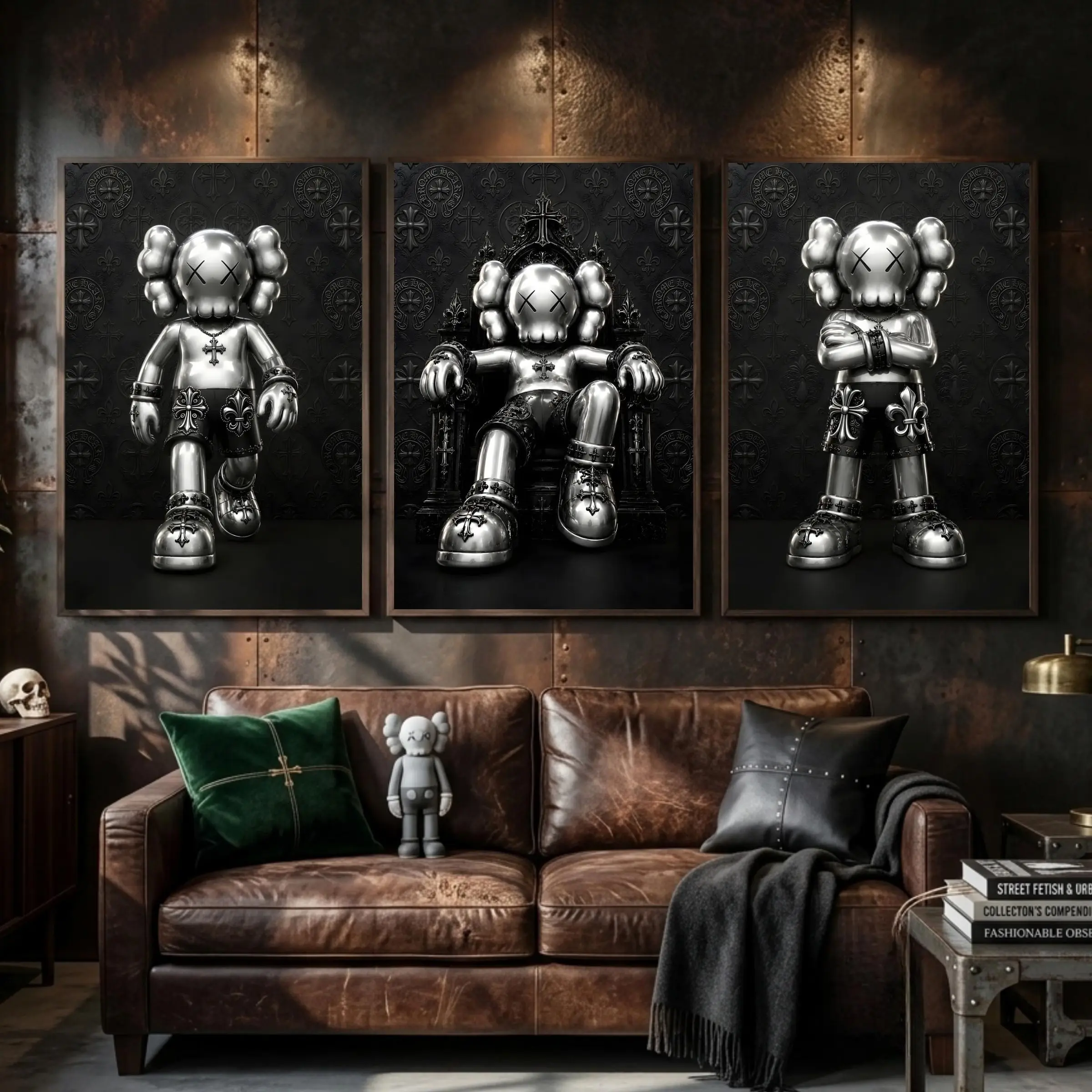 Luxury HypeBeast Kaws Wall Art Poster Set Of 3, Kaws Chrome Hearts Hypebeast Room Decor, Black and Silver Kaws Posters, Kaws Figures Prints