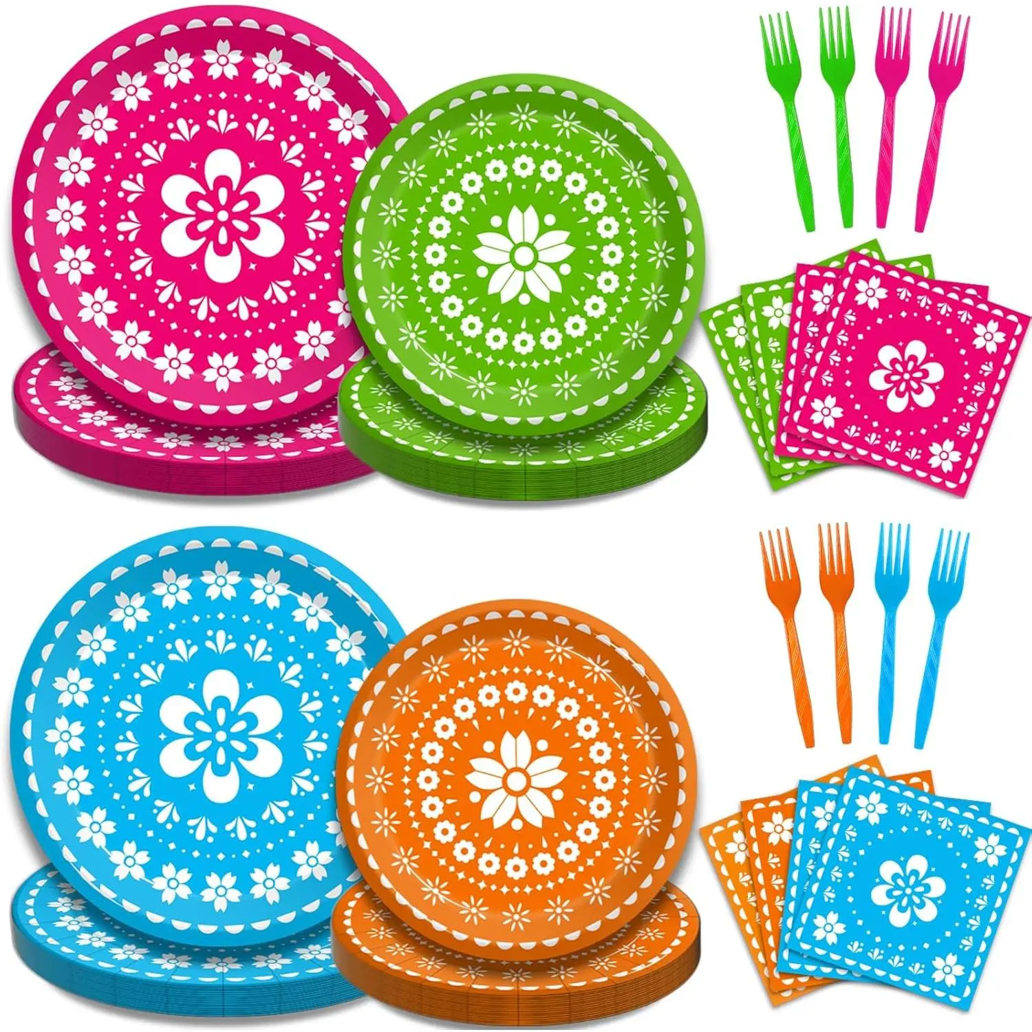 96 count Fiesta Party Plates, Mexican Cinco De Mayo Party Decorations Supplies Mexican Papel Picado Disposable Paper Plates Napkins for Taco Carnival Birthday  Shower Tableware, Serves 24