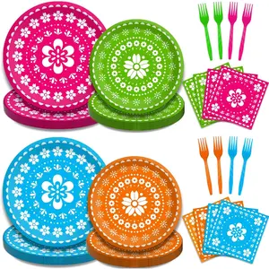 96 count Fiesta Party Plates, Mexican Cinco De Mayo Party Decorations Supplies Mexican Papel Picado Disposable Paper Plates Napkins for Taco Carnival Birthday  Shower Tableware, Serves 24