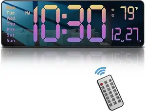 Modern 16" Large Digital Wall Clock with Remote Control – This LED Display Clock Features Auto-Dimming, Temperature, Calendar, and Countdown Functions, Creating a Silent, Stylish Timepiece for Any Home or Office in Gradient Pink