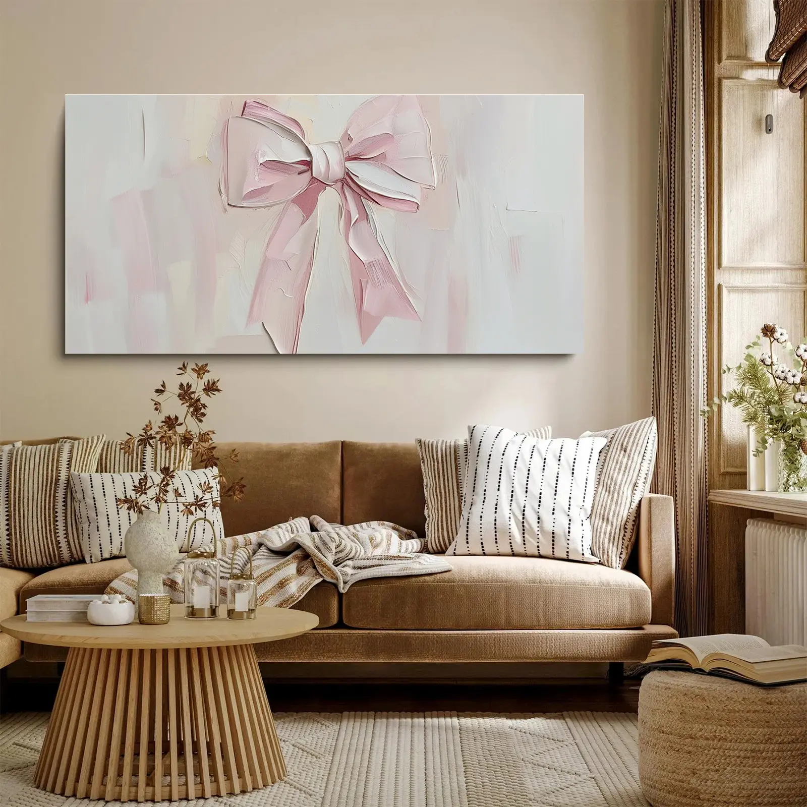 Elegant Decorative Bow-Accented Textured Canvas Print Wall Art - Satin Ribbon, Soft Gradient Background, Pastel Floral Abstract Design for Kid Room, Bedroom